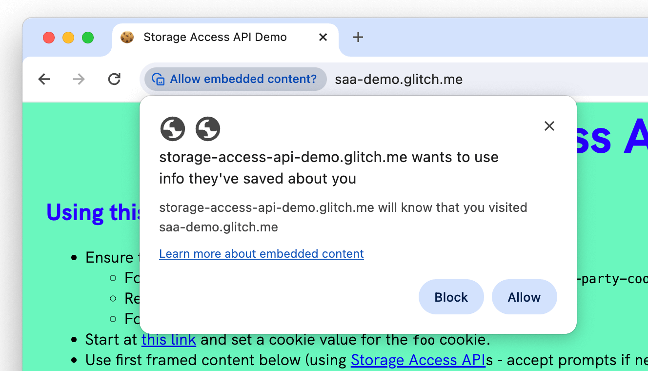Zrzut ekranu przedstawiający prośbę o przyznanie uprawnień do interfejsu Chrome Storage Access API