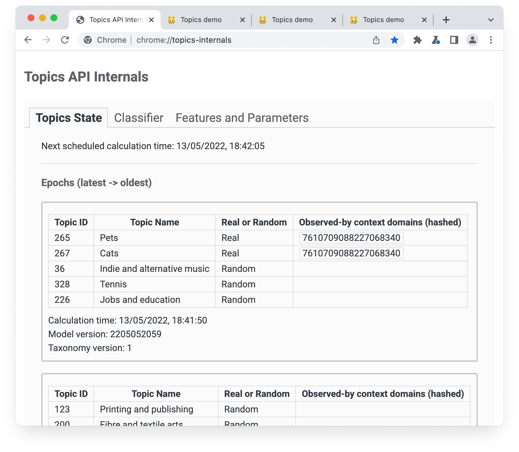 주제 상태 패널이 선택된 chrome://topics-internals 페이지