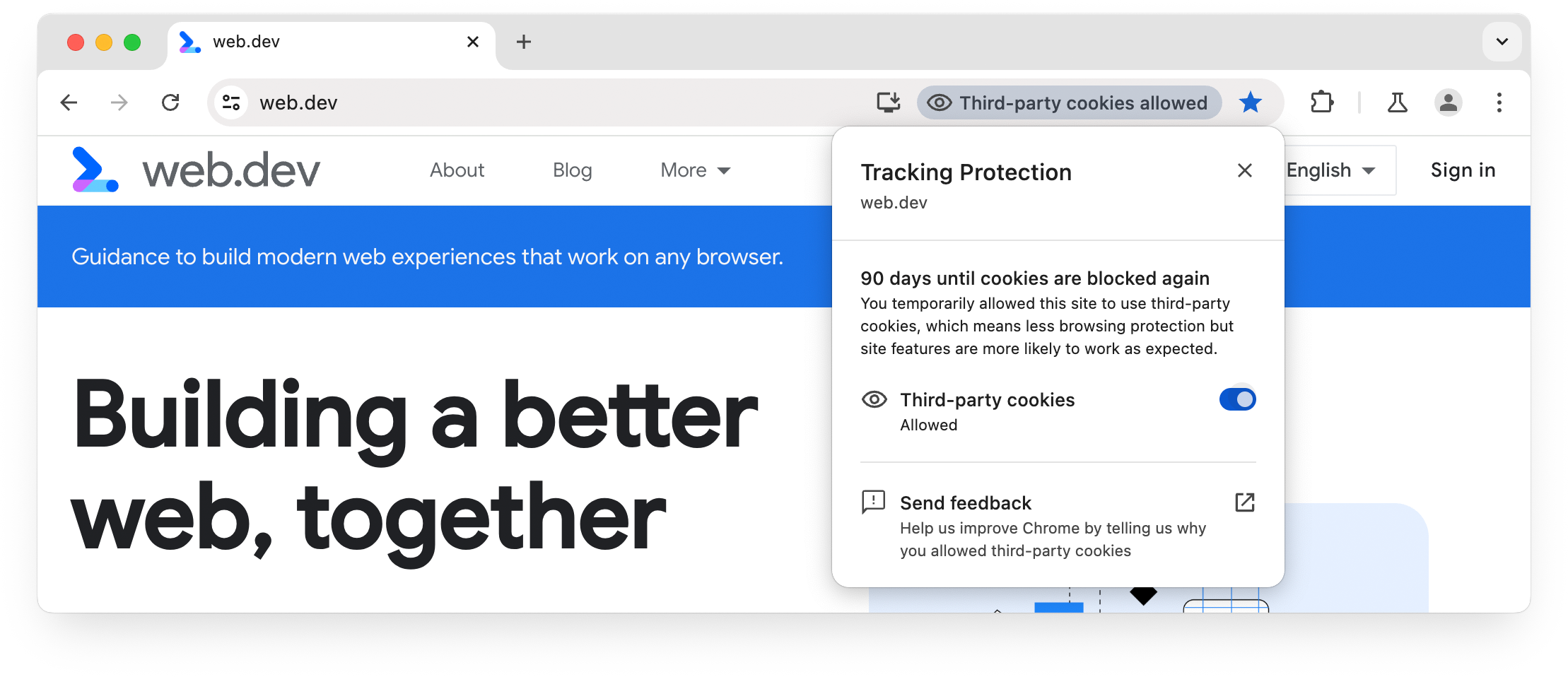 Chrome ट्रैकिंग सुरक्षा का यूज़र इंटरफ़ेस (यूआई): मौजूदा साइट के लिए तीसरे पक्ष की कुकी को अनुमति दी गई है