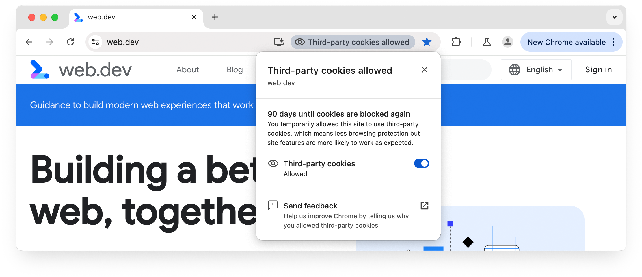 web.dev 사이트의 주소 표시줄 표시, 현재 사이트에 허용되는 서드 파티 쿠키