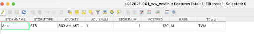 جدول بيانات يحتوي فيه عمود STORMNUM على القيمة 1 في الصف الأول