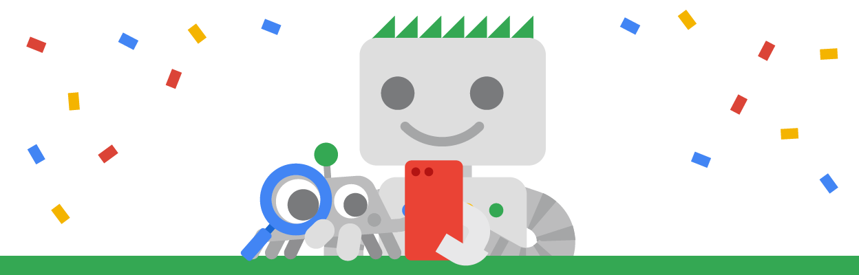 El robot de Google y Crawley de celebración con un teléfono móvil rojo