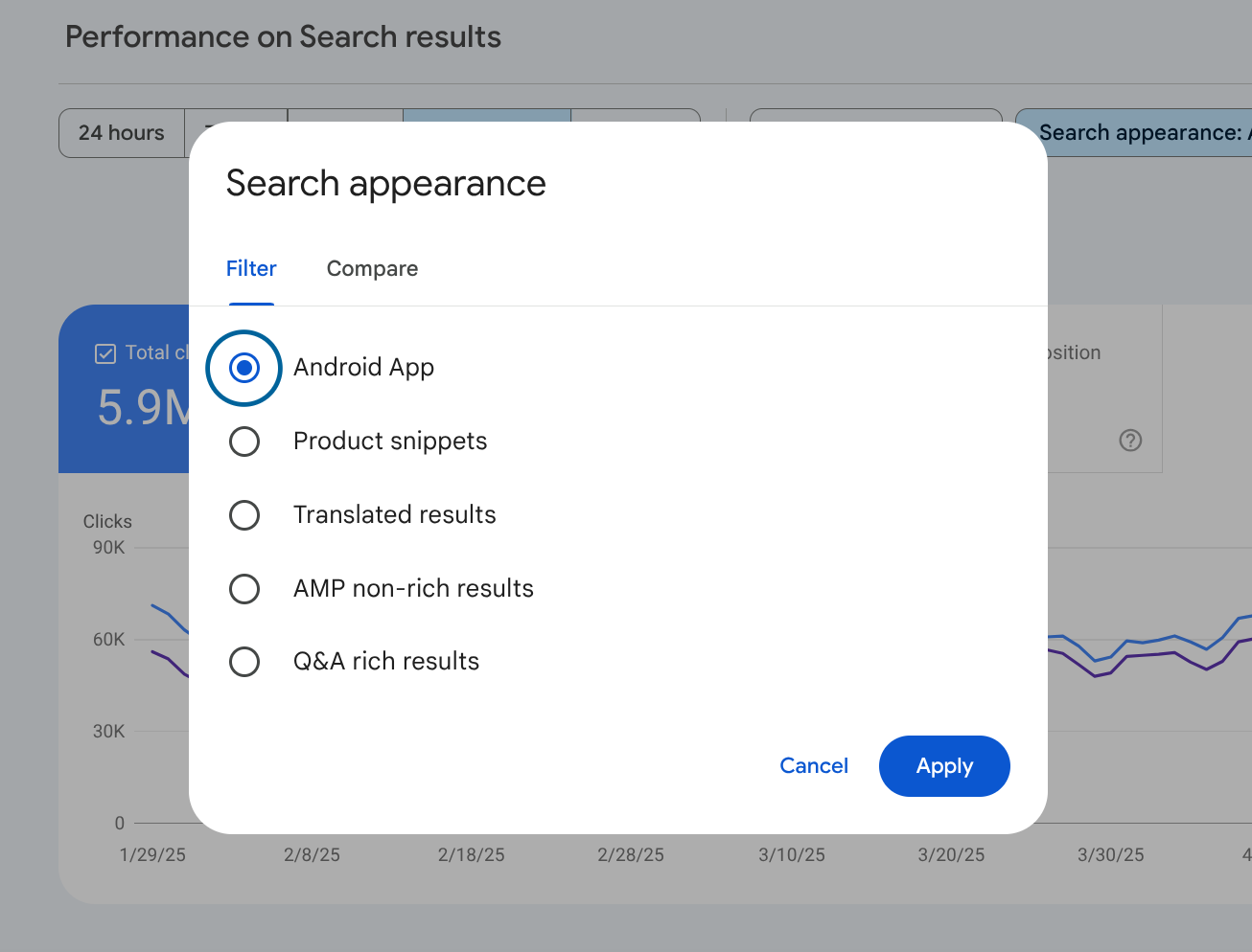 Search Console의 실적 보고서에 표시된 Android 앱 검색 노출 필터
