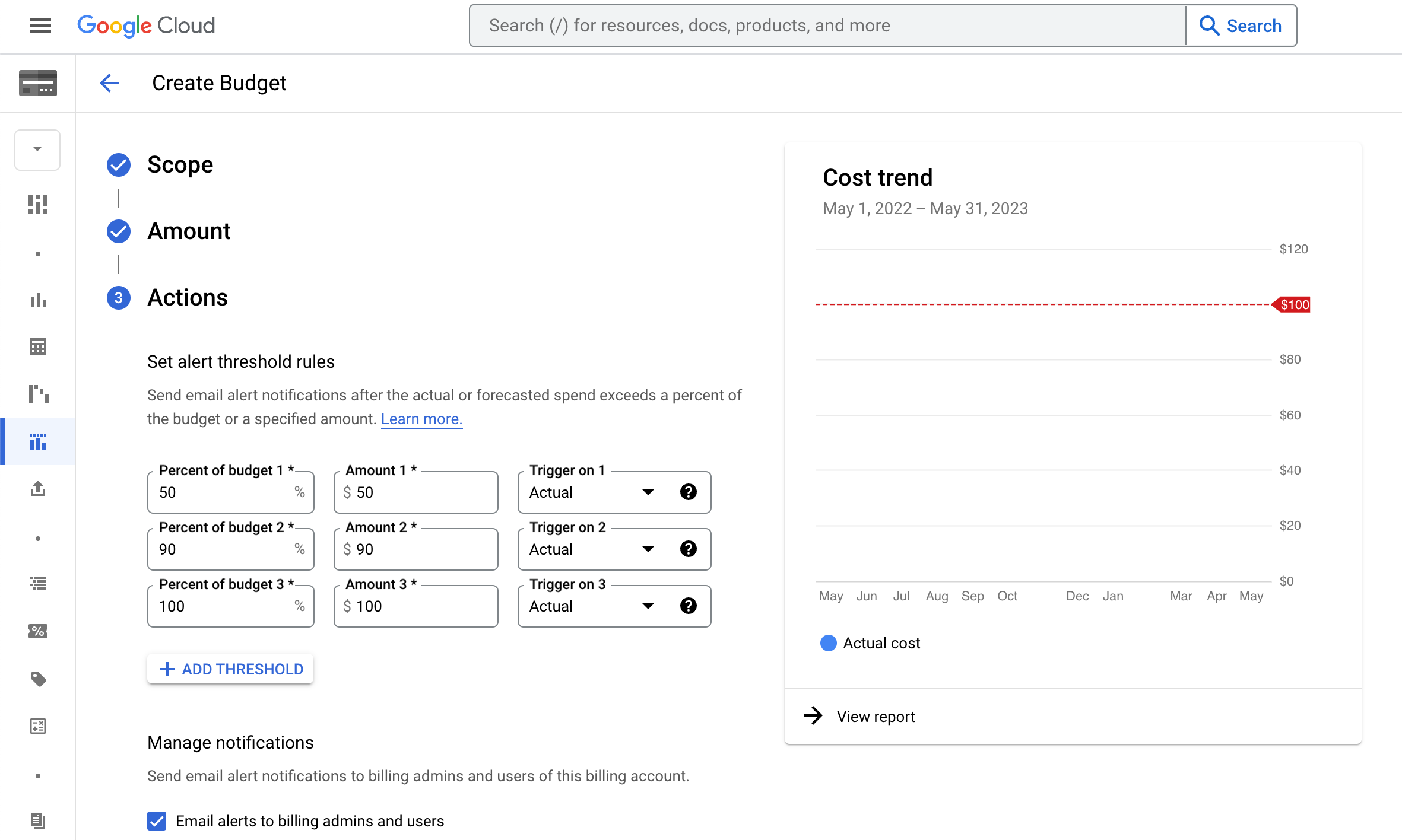 Screenshot of Cloud Console showing how to create a billing alert