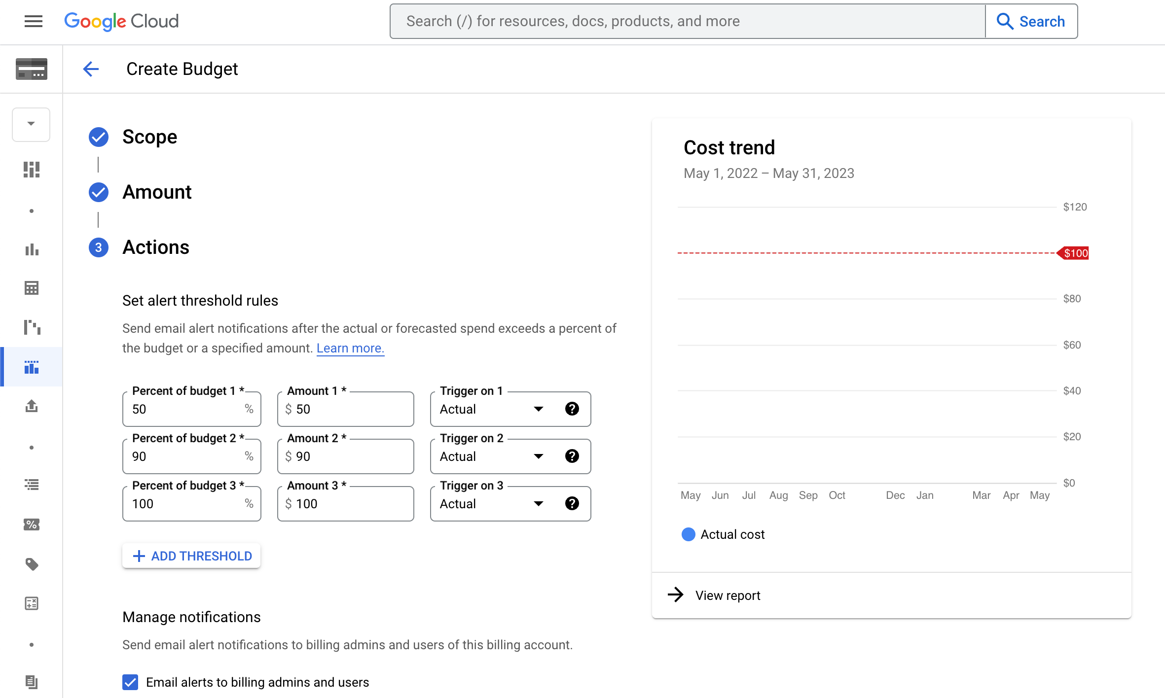 Zrzut ekranu z konsoli Google Cloud pokazujący, jak utworzyć alert dotyczący płatności
