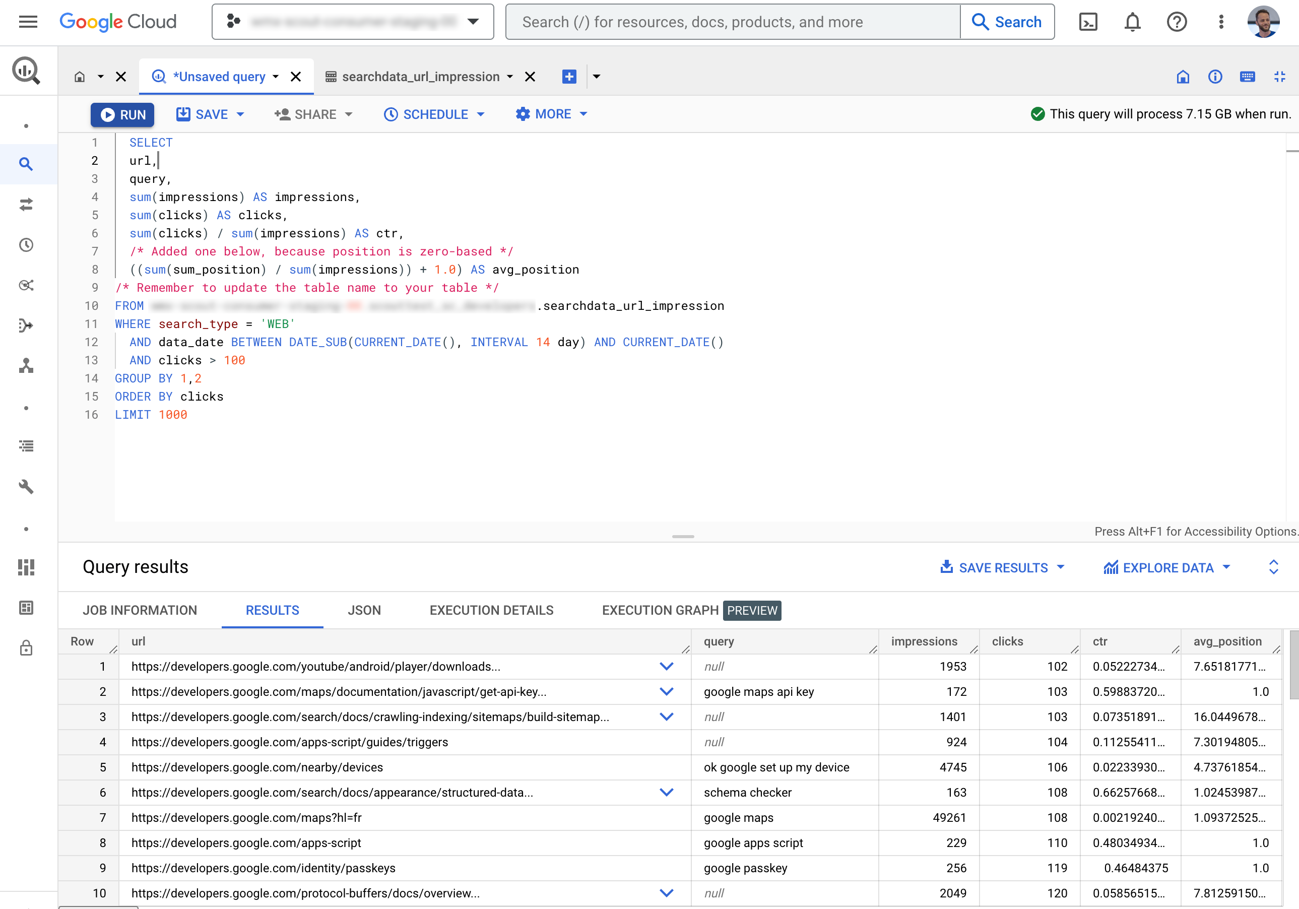 Tabla de exportación de datos en bloque mostrada en la interfaz de BigQuery