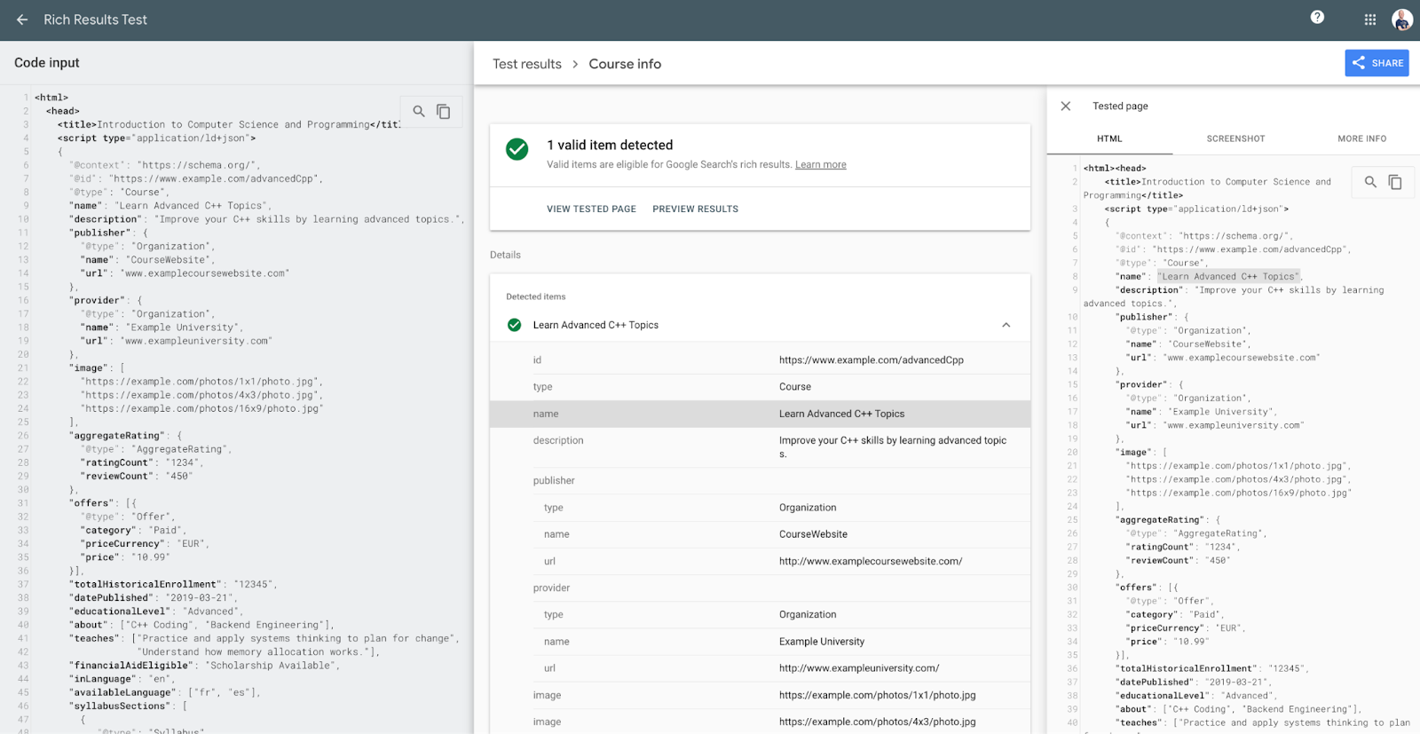 Course info in the Rich Results Test