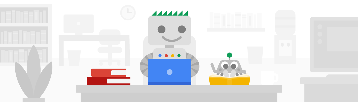 O Googlebot escreve "Search Essentials" em um laptop enquanto Crawley lê um livro