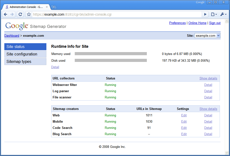 Captura de pantalla de la Consola del administrador de Google Sitemap Generator