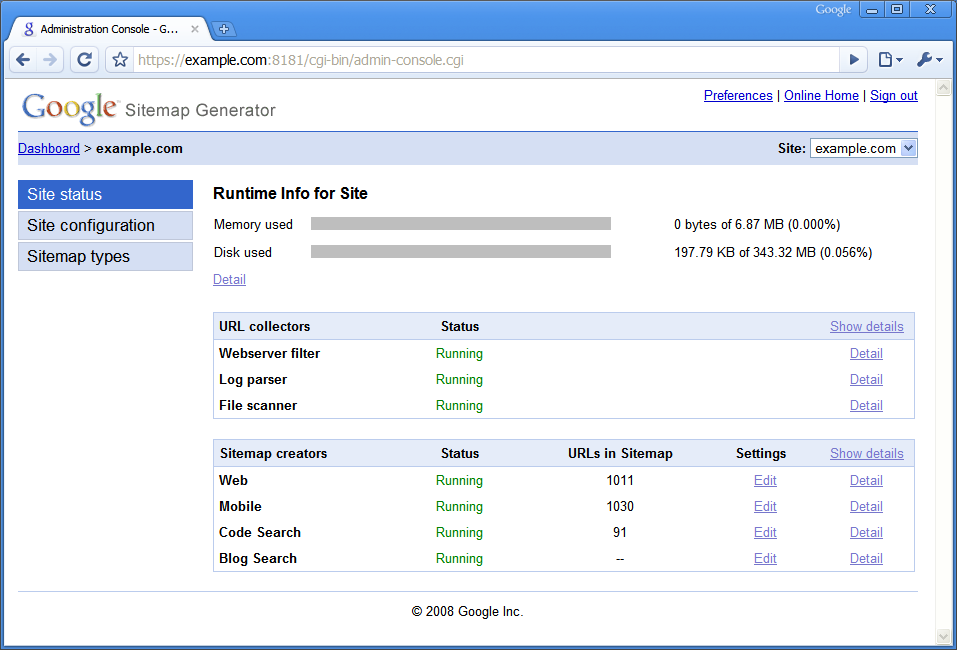 관리 콘솔의 Google Sitemap 생성기 스크린샷