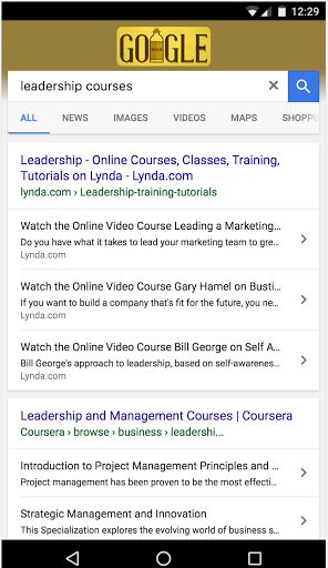 A search result that shows three individual courses in a list view