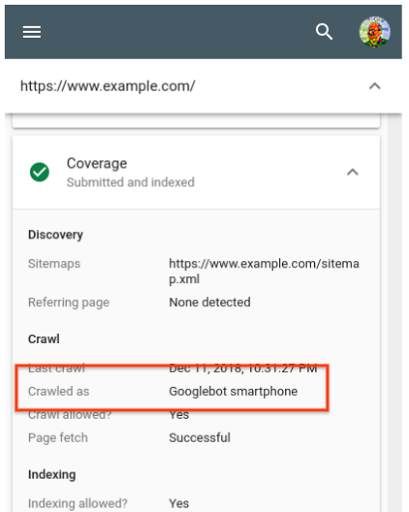 ‫عرض لأداة فحص عنوان URL في Search Console، مع تمييز حقل &quot;وكيل المستخدم الزاحف إلى الصفحة&quot;