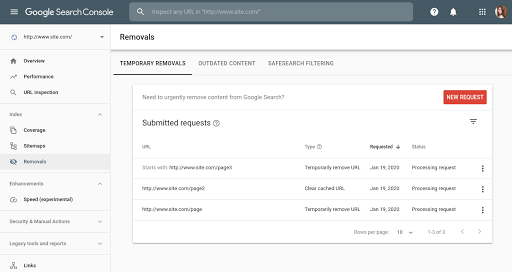 Retiradas temporales de Search Console