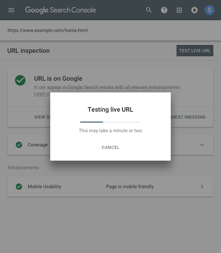 Ansicht „URL-Prüfung“ beim Testen einer URL in der Search Console