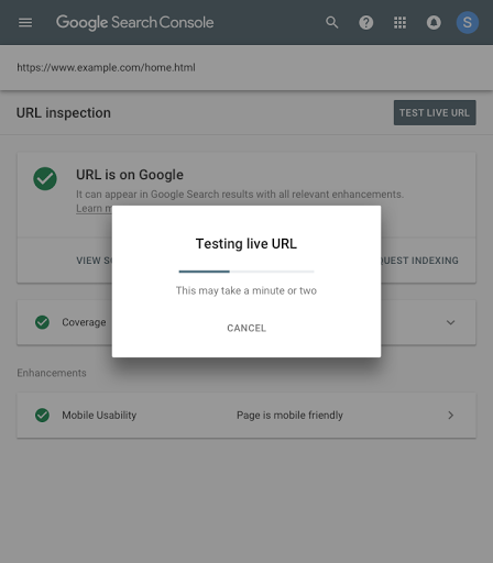 Tampilan Inspeksi URL saat menguji URL di Search Console