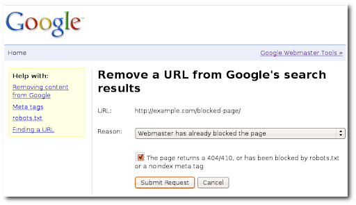 herramienta de retirada de URLs de google