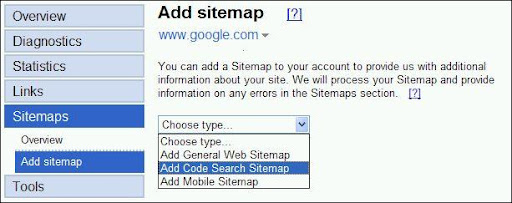 Code Search sitemap submission in webmaster tools