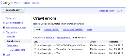 soft 404 errors in the crawl error feature in webmaster tools