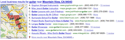 google local result for the query guitar