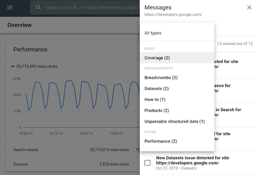 Категории в разделе сообщений Search Console