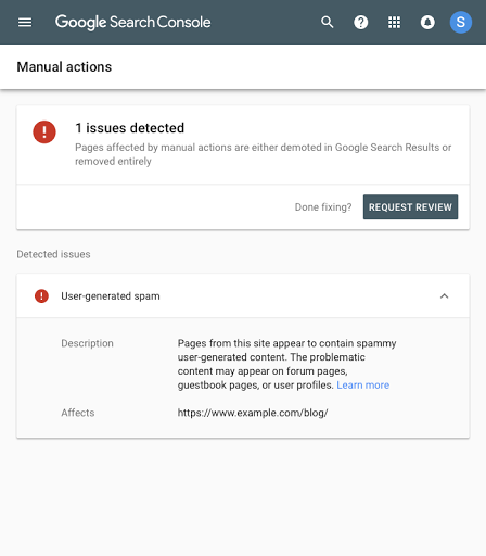 Tampilan Tindakan Manual di Search Console