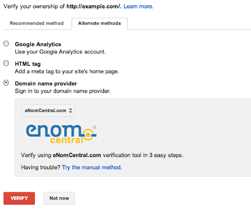 Domain verification in Webmaster Tools with eNom as a domain provider