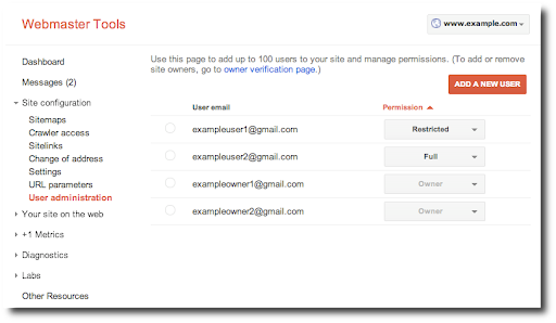 Visualização "Gerenciamento de usuários" nas Ferramentas do Google para webmasters
