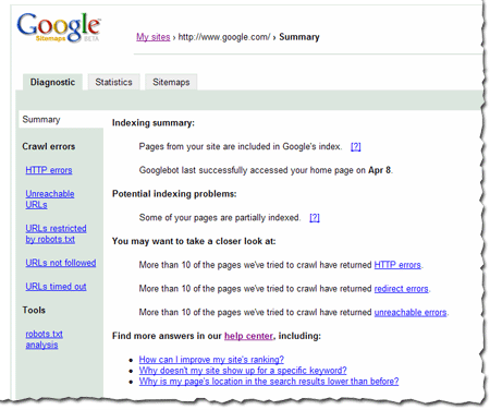 Sitemaps tool summary report