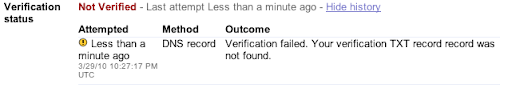 Un mensaje de error que advierte de que la verificación de DNS ha fallado