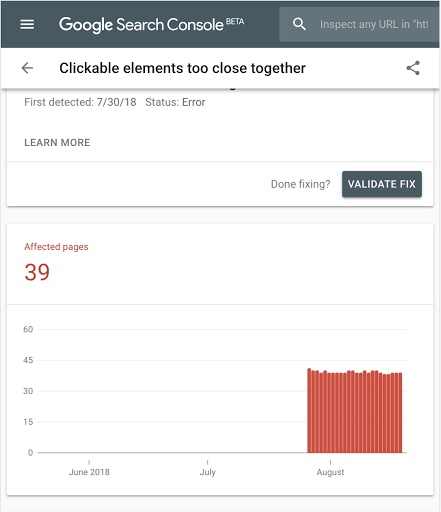 Vista del Informe de usabilidad para dispositivos móviles en Search Console