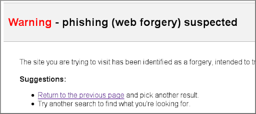 Señal de advertencia por sospecha de suplantación de identidad (phishing)