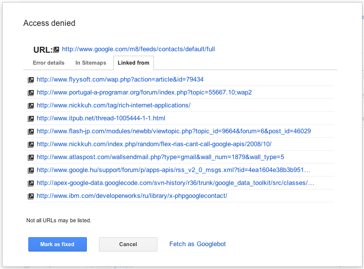 Panel in the crawl errors view in Webmaster Tols showing which pages link to a page with error