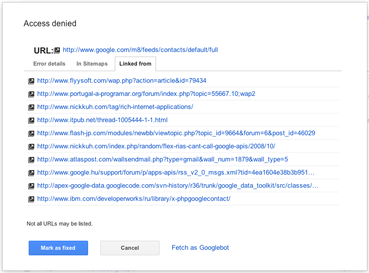 Panel en la vista de errores de rastreo en Herramientas para webmasters de Google que muestra las páginas que se vinculan a una página con error