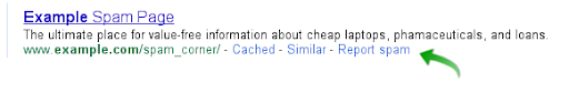 यहां दिए गए उदाहरण में बताया गया है कि स्पैम की शिकायत करने वाला लिंक, Search के नतीजों में किस तरह दिख सकता है