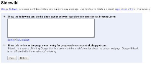 वेबमास्टर टूल लैब में, Sidewiki की मदद से पेज के मालिक के तौर पर एंट्री करने की सुविधा