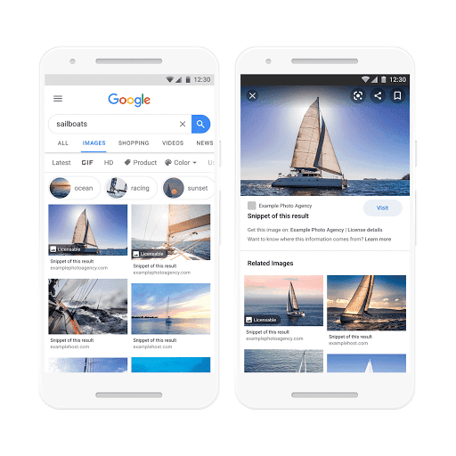 Google Images search results with the licensable badge