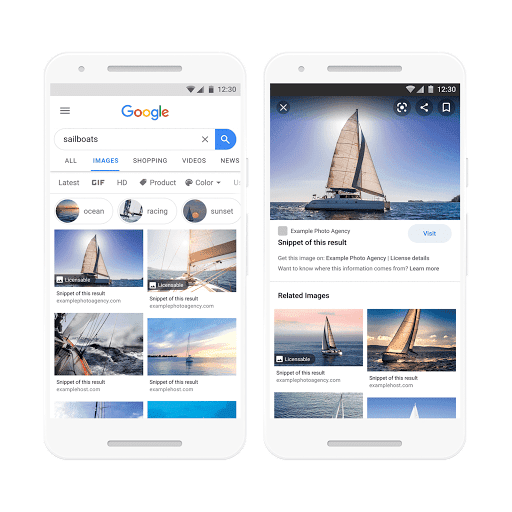 Résultats de recherche Google Images avec le badge &quot;Sous licence&quot;