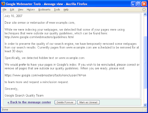 individual message in webmaster tools