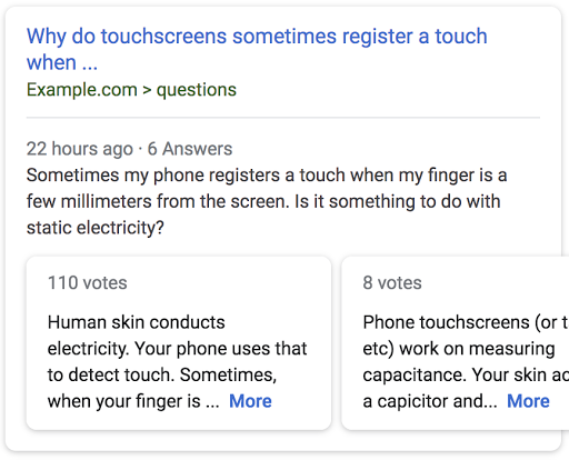 Ejemplo de un resultado de la búsqueda para una página con el título &quot;¿Por qué las pantallas táctiles a veces registran un toque cuando…&quot; con una vista previa de las principales respuestas de la página.