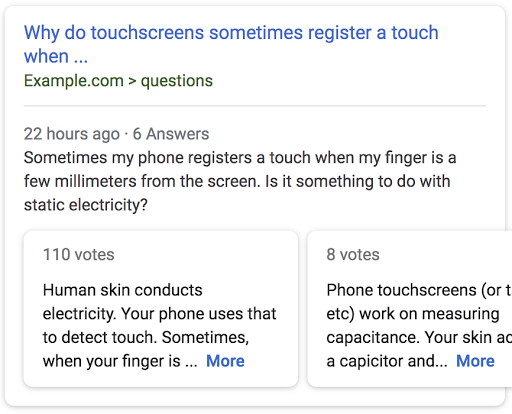 Exemple de résultat de recherche pour une page intitulée "Pourquoi les écrans tactiles réagissent-ils parfois lorsque…" avec un aperçu des meilleures réponses trouvées sur la page