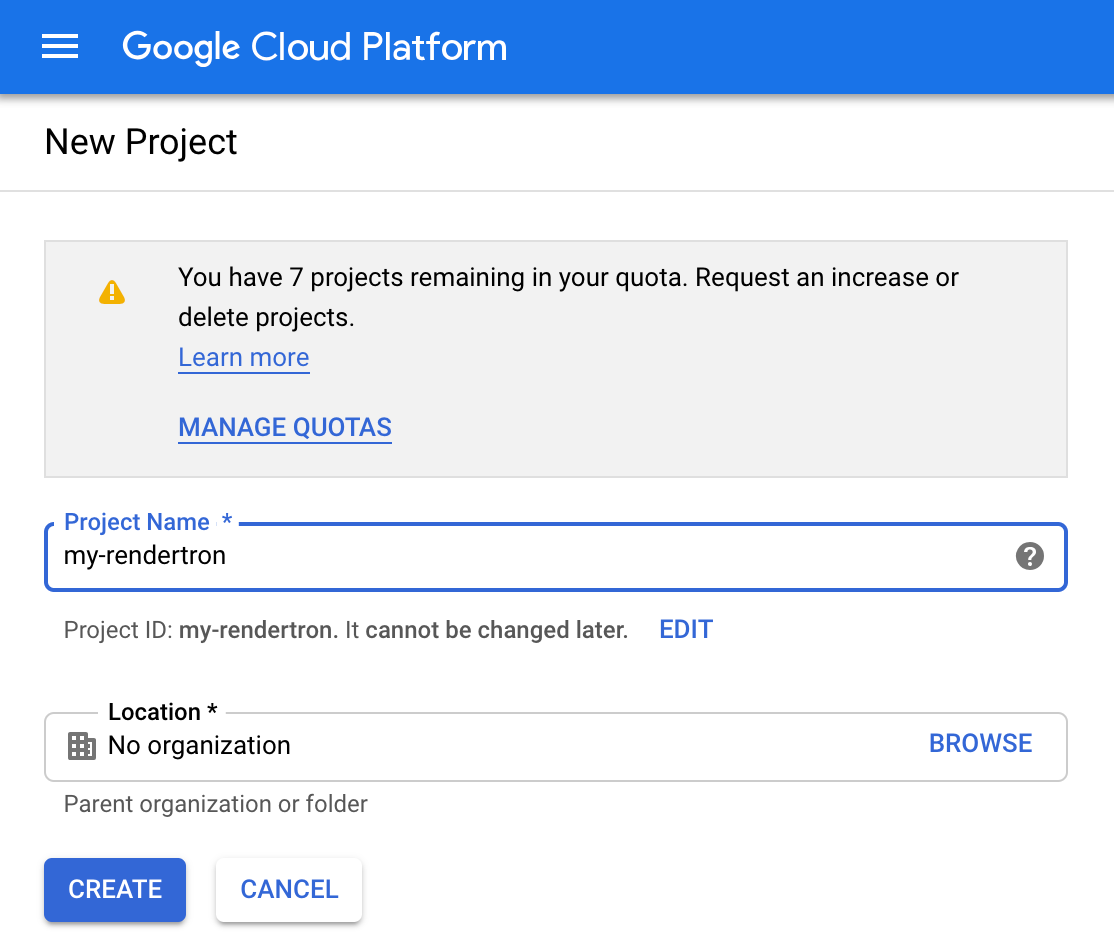 Il modulo per creare un nuovo progetto della piattaforma Google Cloud.