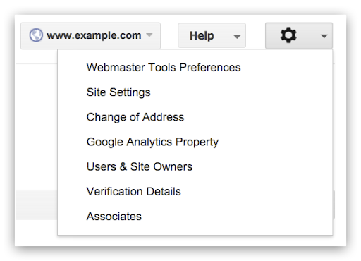 Context menu for reaching site settings in Webmaster Tools