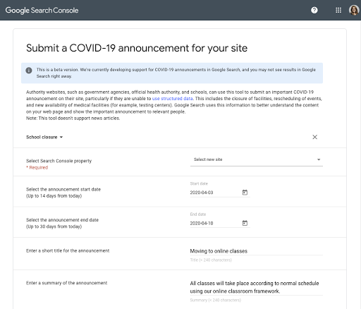 Публикация сообщений, касающихся COVID-19, через Search Console