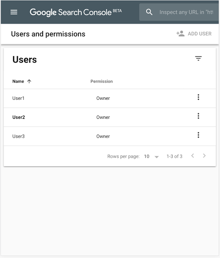 vista del panel de control de gestión de usuarios de Search Console