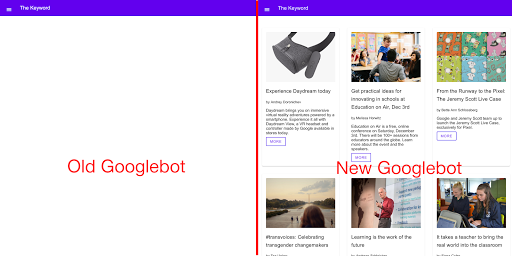 JavaScript を活用したデモ ウェブサイト。以前の Googlebot では空白のままですが、新しい Googlebot では正常に動作します。