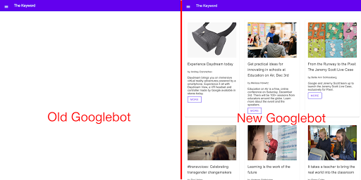 Демонстрационный сайт на основе JavaScript: пустые страницы при использовании старой версии робота Googlebot и правильное отображение при обработке в новом движке.