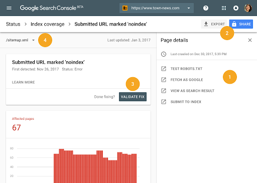 Vista de cobertura de indexación en Search Console