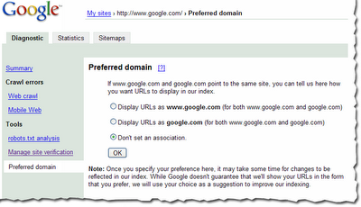preferred domain setting in Google Sitemaps tool