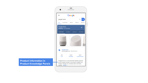 Страницы результатов поиска Google, показывающие, как информация о товаре может появляться в блоке знаний