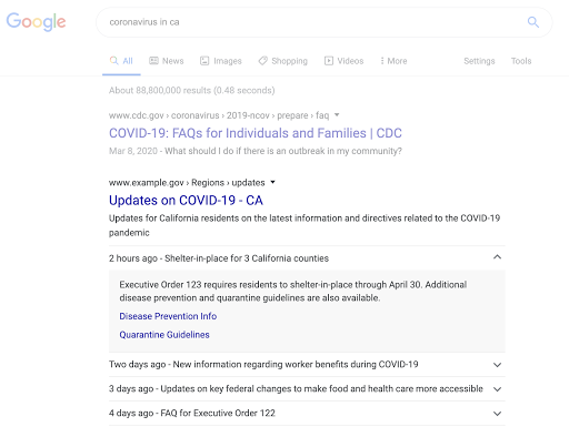 Google Arama'da COVID-19 duyurusu